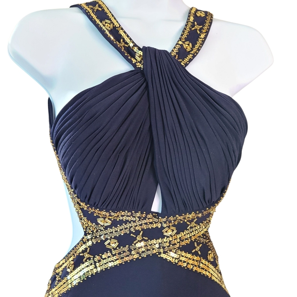 Betsy & Adam Navy and Gold Evening Gown Formal Size 2 Backless Classy Prom - Picture 4 of 7